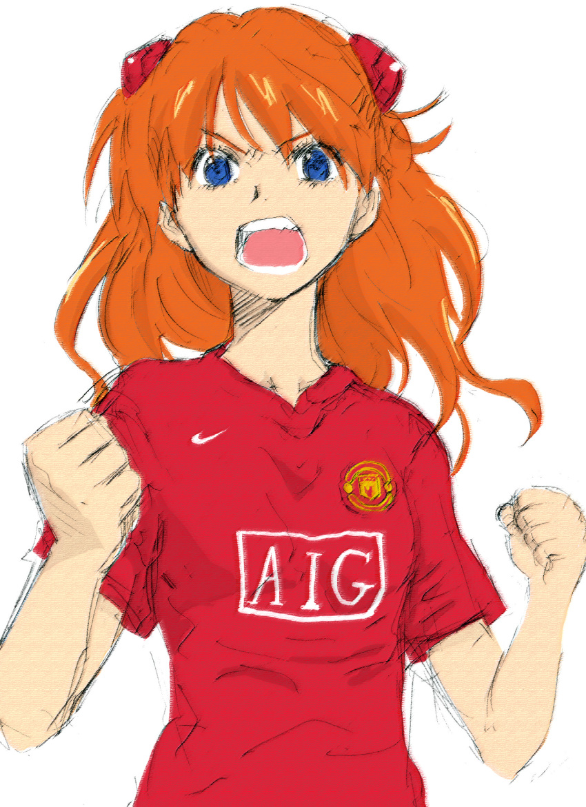 blue_eyes, clenched_hands, fist, highres, manchester_united, neon_genesis_evangelion, nike, open_mouth