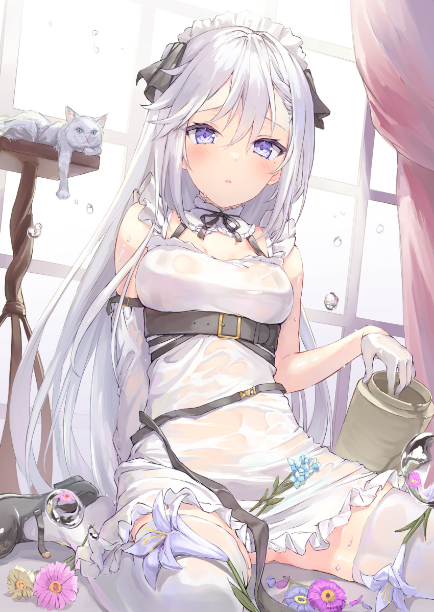 1girl, :o, animal, arm_at_side, arm_support, bare_shoulders, belt, black_footwear, black_ribbon, blue_flower, blush, bottomless, cat, curtains, day, detached_sleeves, dress, flower, frills, from_below, gloves, highres, holding, indoors, lily_(flower), looking_at_viewer, maid, maid_headdress, mary_janes, messy, moe2022, mole, mole_under_eye, neck_ribbon, original, parufeito, pink_flower, purple_flower, ribbon, see-through, shoe_dangle, shoes, single_detached_sleeve, sitting, solo, thigh-highs, vase, violet_eyes, water, water_drop, wet, wet_clothes, white_dress, white_gloves, white_hair, white_legwear, window
