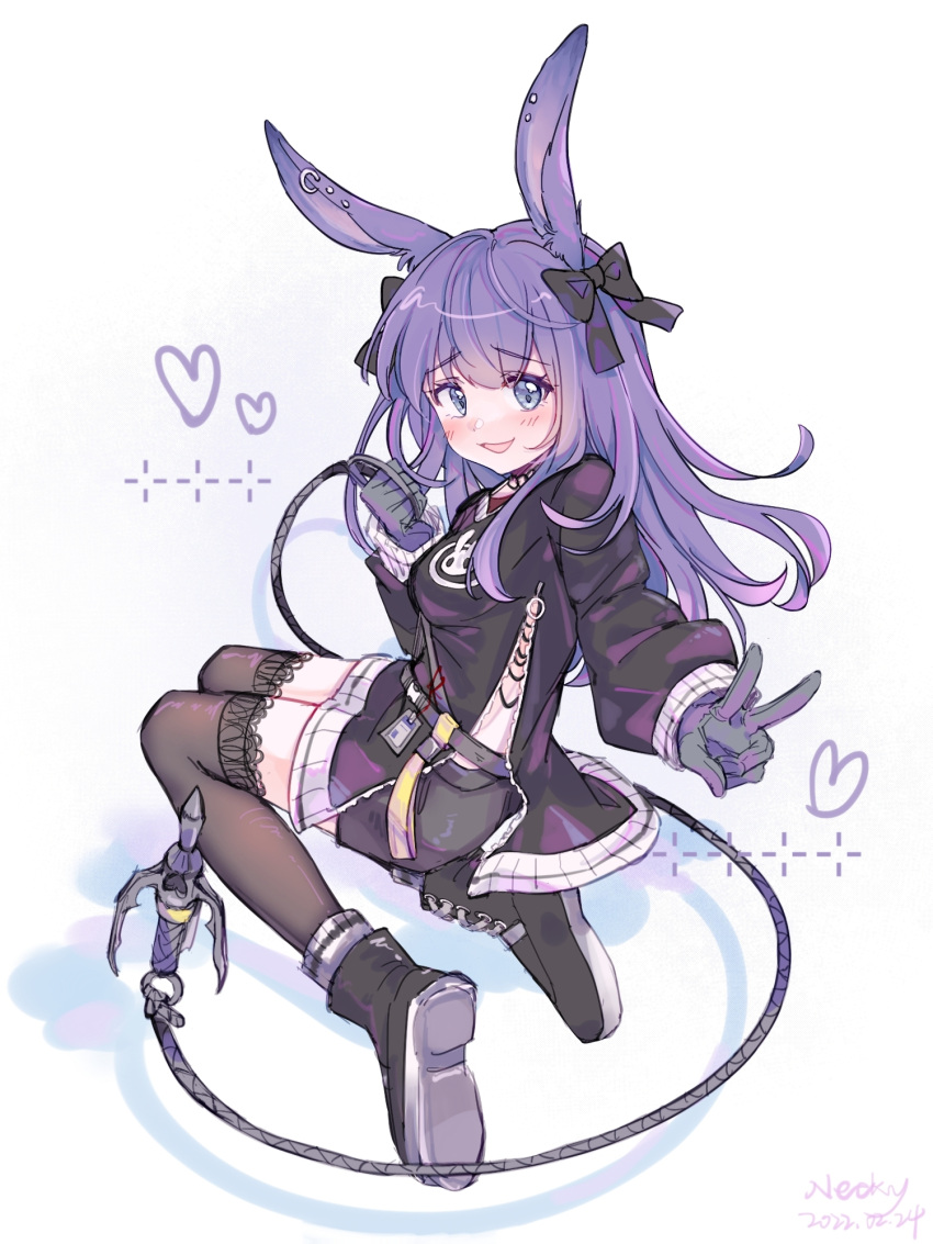1girl, animal_ears, arknights, bangs, black_bow, black_footwear, black_jacket, black_shorts, blue_eyes, boots, bow, brown_legwear, commentary, ear_piercing, eyebrows_visible_through_hair, from_behind, gloves, grey_gloves, hair_bow, heart, highres, jacket, long_hair, long_sleeves, looking_at_viewer, looking_back, meng_xue_necky, piercing, puffy_long_sleeves, puffy_sleeves, purple_hair, rabbit_ears, rope_(arknights), shadow, shoe_soles, short_shorts, shorts, solo, symbol-only_commentary, thigh-highs, thighhighs_under_boots, v, very_long_hair, white_background