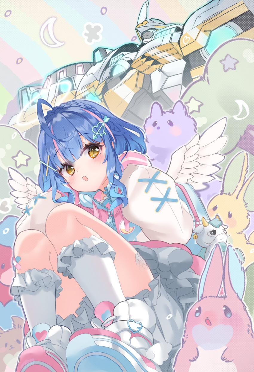 1girl, :o, absurdres, amamiya_kokoro, backpack, bag, blue_hair, blush, brown_eyes, cat, divine_arsenal_aa-zeus_-_sky_thunder, duel_monster, eyebrows_visible_through_hair, glowing, glowing_eye, grey_skirt, hair_ornament, heart, heart_hair_ornament, highres, horns, jacket, looking_to_the_side, mecha, melffy_fenny, melffy_puppy, melffy_rabby, multicolored_clothes, multicolored_jacket, nijisanji, open_mouth, pink_footwear, rabbit, shiromoca, short_hair, sitting, skirt, solo_focus, super_robot, virtual_youtuber, wings, yu-gi-oh!