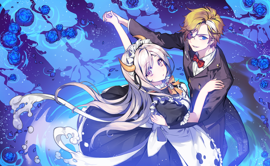 1boy, 1girl, blonde_hair, blue_eyes, coffee_(food_fantasy), cow_girl, cow_horns, dancing