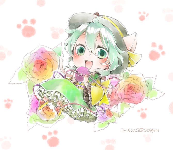 029pom, 1girl, :3, :d, animal_ears, back_bow, black_headwear, blush