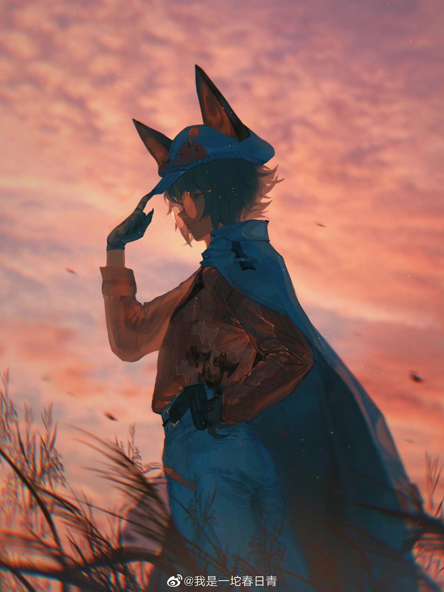 1boy, black_gloves, blue_cape, blue_eyes, blue_pants, blurry, brown_hair, cape