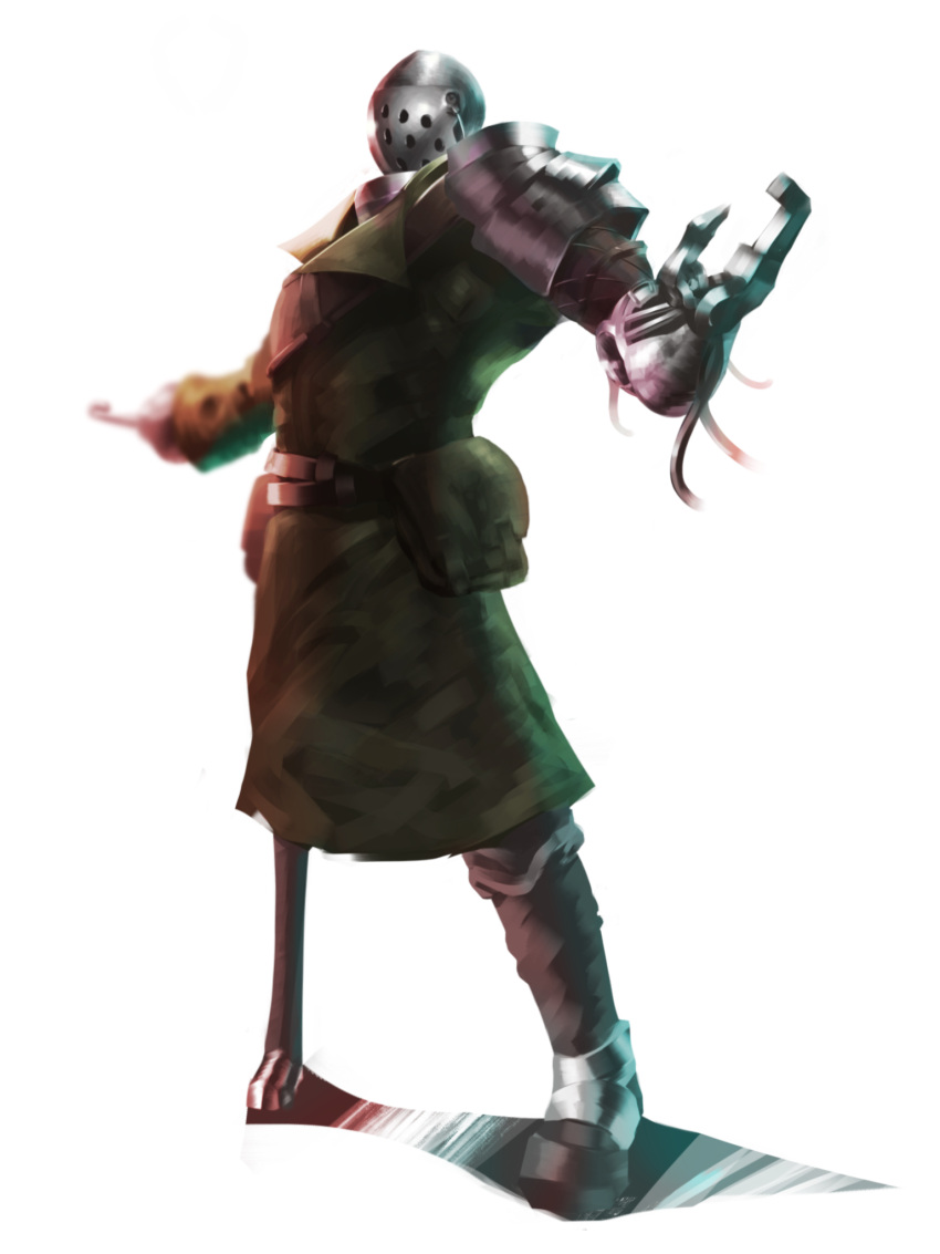 1boy, armor, asymmetrical_arms, claws, crutch, cyborg, ginyuiti, helmet