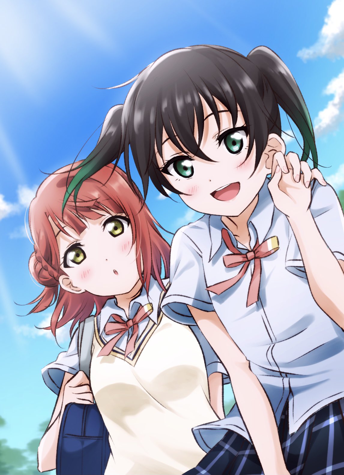 2girls, bangs, black_hair, blue_sky, blunt_bangs, braid, braided_bun, collared_shirt, dress_shirt, fuyuu310, gradient_hair, green_eyes, green_hair, hair_between_eyes, half_updo, highres, love_live!, love_live!_nijigasaki_high_school_idol_club, medium_hair, miniskirt, multicolored_hair, multiple_girls, neck_ribbon, nijigasaki_academy_uniform, open_mouth, orange_hair, pink_hair, plaid, plaid_skirt, pleated_skirt, red_neckwear, ribbon, shirt, short_sleeves, side_bun, skirt, sky, streaked_hair, summer_uniform, swept_bangs, takasaki_yu, twintails, two-tone_hair, uehara_ayumu, yellow_eyes