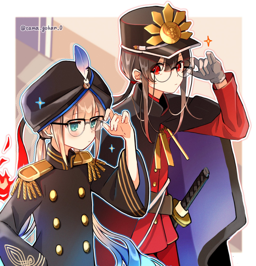 2boys, aqua_eyes, black_hair, blonde_hair, cape, captain_nemo_(fate), epaulettes, fate/grand_order
