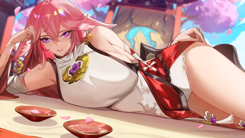 1girl, alcohol, animal_ears, bare_shoulders, blue_sky, blush, breasts, choko_(cup), cup, detached_sleeves, fox_ears, fox_girl, genshin_impact, hair_between_eyes, hair_ornament, half-closed_eyes, hand_on_hip, ja_mong, japanese_clothes, long_hair, long_sleeves, looking_at_viewer, lying, miko, on_side, outdoors, panties, petals, pink_hair, pink_nails, sake, scenery, sideboob, sky, smile, thighs, tree, underwear, violet_eyes, white_panties, wide_sleeves, yae_miko