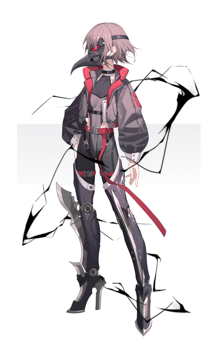 1girl, arm_at_side, armored_boots, boots, breasts, brown_hair, commentary_request, cropped_jacket, full_body, hand_on_hip, harness, high_heels, highleg, highleg_leotard, highres, jacket, leg_blade, leotard, looking_at_viewer, mask, open_clothes, open_jacket, original, plague_doctor_mask, short_hair, small_breasts, snap-fit_buckle, solo, standing, thigh-highs, thigh_boots, tsuki-shigure, unzipped, white_background, zipper, zipper_pull_tab