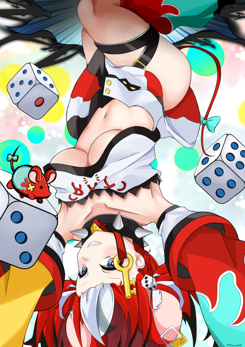 1girl, animal_ears, blue_eyes, breasts, collar, dice, grin, hakos_baelz