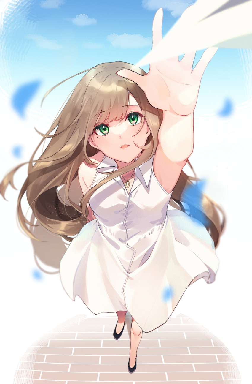 1girl, arm_behind_back, arm_up, bangs, bare_arms, bare_legs, black_footwear, brown_hair
