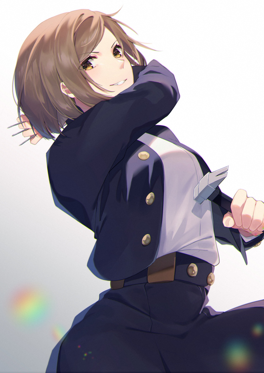 1girl, absurdres, black_jacket, black_skirt, brown_eyes, brown_hair, dress_shirt, grin