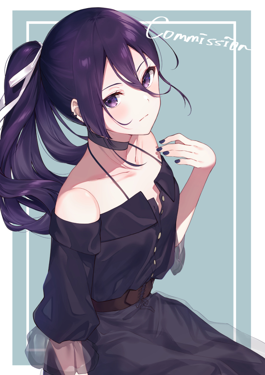 absurdres, bangs, black_dress, closed_mouth, collarbone, commission, dress, ear_piercing
