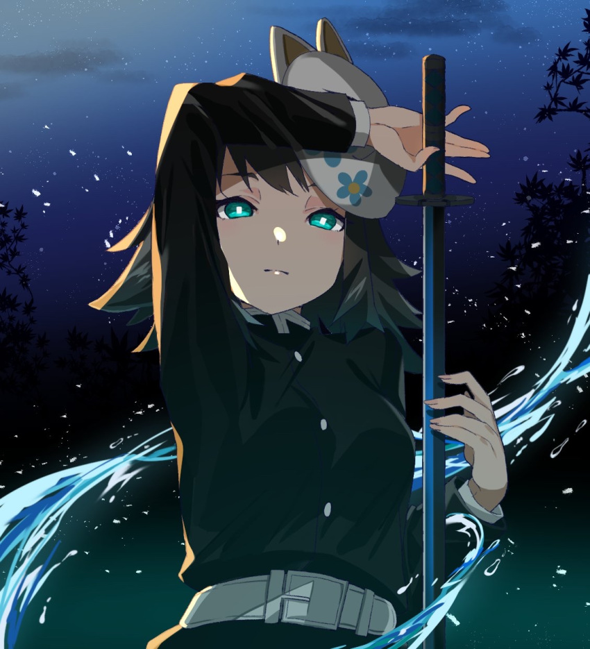 1girl, aqua_eyes, belt, belt_buckle, black_hair, black_jacket, buckle, closed_mouth