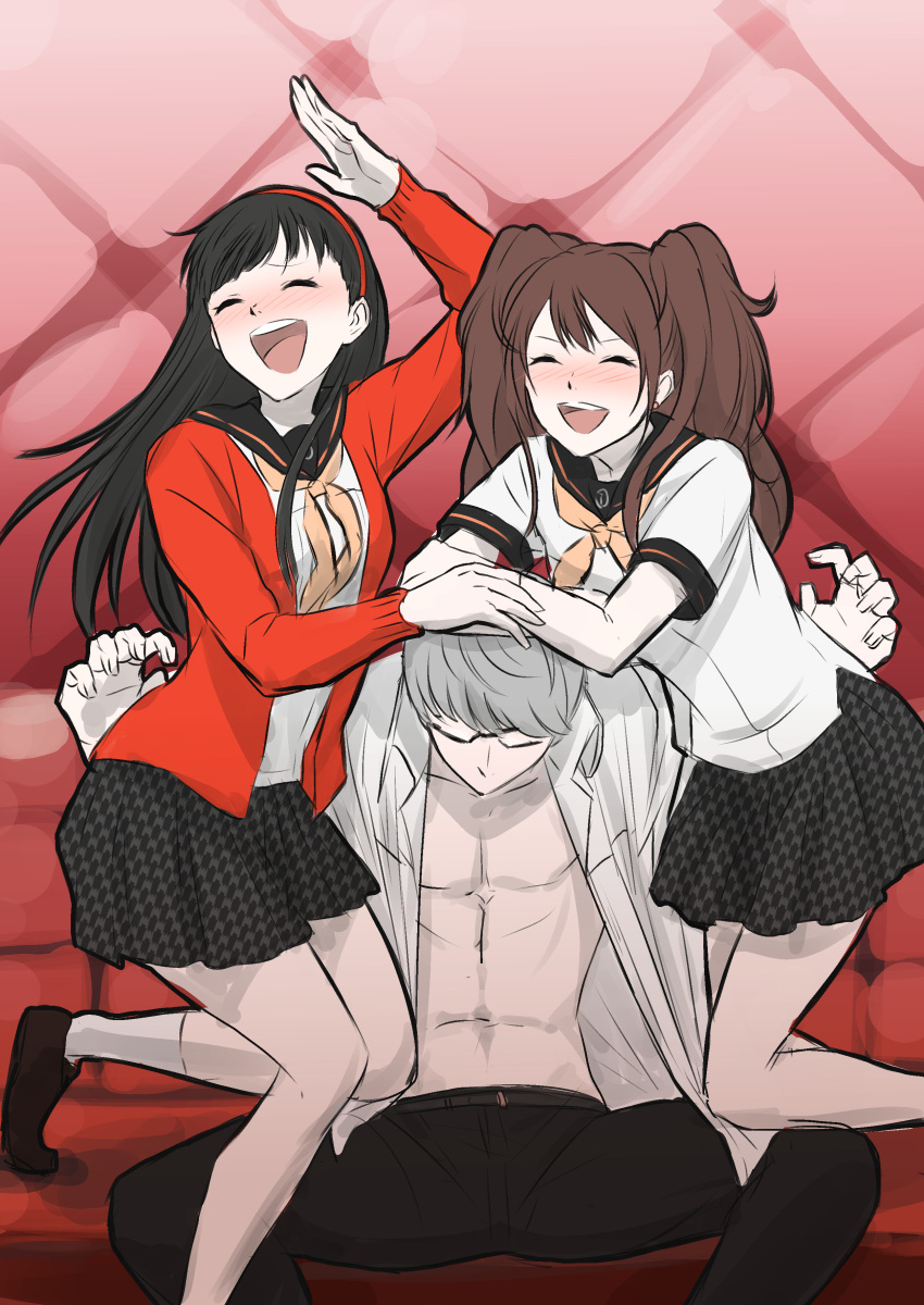 1boy, 2girls, :d, absurdres, amagi_yukiko, bare_legs, black-framed_eyewear, black_hair