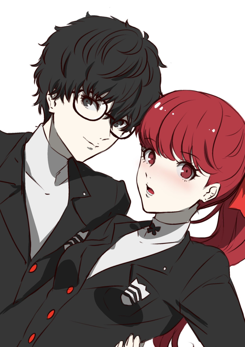 1boy, 1girl, amamiya_ren, black-framed_eyewear, black_eyes, black_hair, black_jacket, blush