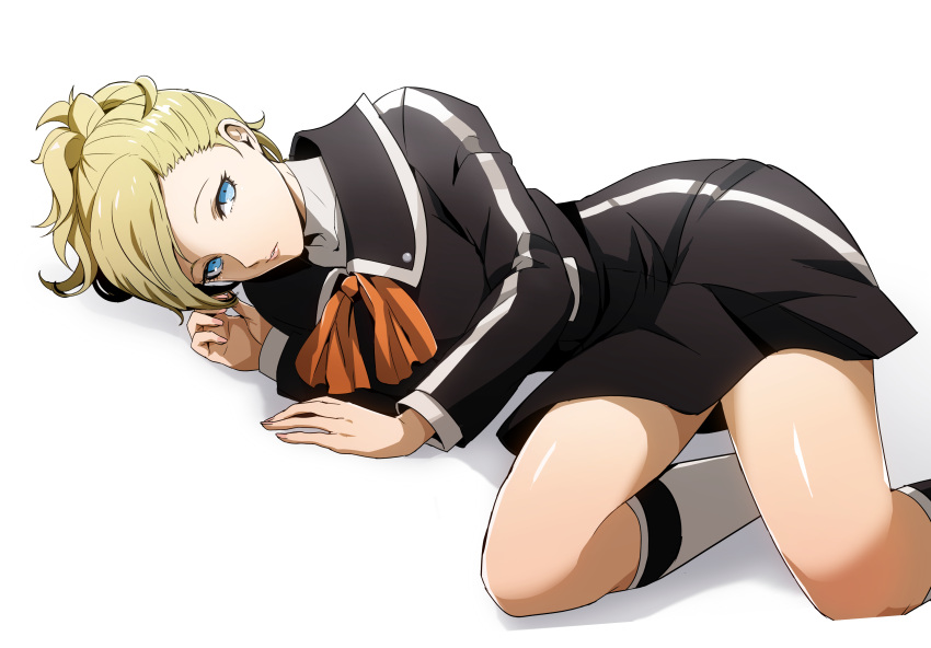 1girl, absurdres, black_jacket, black_skirt, blonde_hair, blue_eyes, bow, bowtie