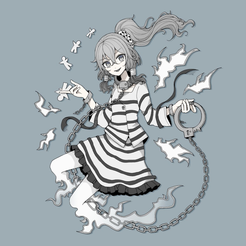 1girl, chain, cuffs, eyebrows_visible_through_hair, foul_detective_satori, full_body, ghost_tail, grey_background