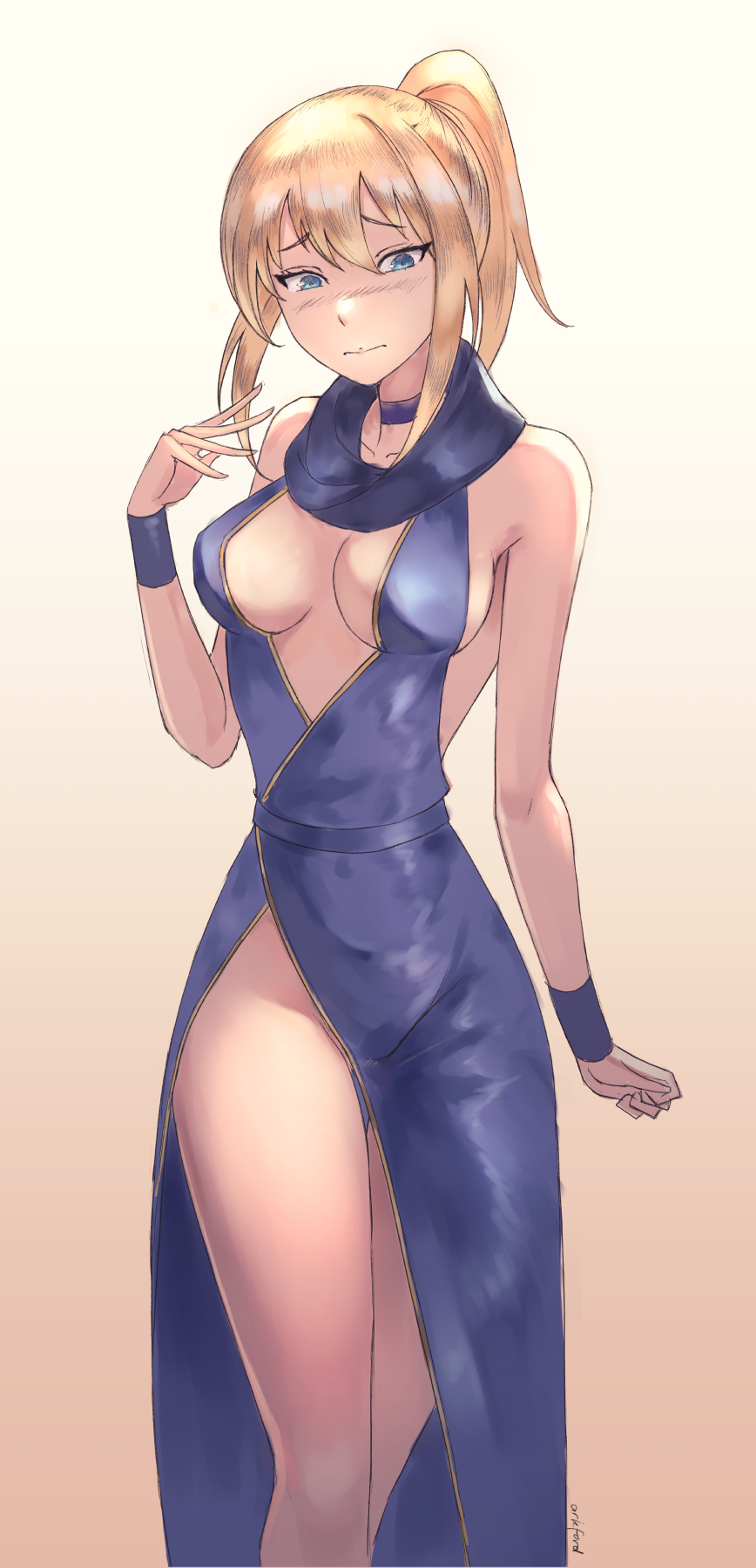 1girl, alternate_costume, ark_ford, artoria_pendragon_(fate), blonde_hair, blue_dress, blue_eyes, blush