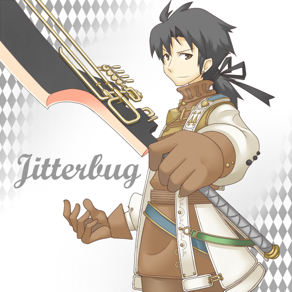 argyle_background, black_hair, brown_eyes, character_name, gloves, jazz_(trusty_bell), jitterbug_(trusty_bell), piza_poteto, ponytail, sword, trusty_bell, weapon