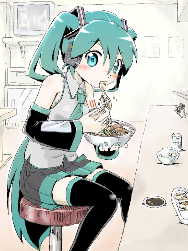 aqua_eyes, aqua_hair, blush, bowel, bowl, chopsticks, detached_sleeves, eating, food, hatsune_miku, long_hair, necktie, noodles, ramen, rice, sitting, skirt, solo, stool, thigh-highs, thighhighs, twintails, very_long_hair, vocaloid, yagi_gojou