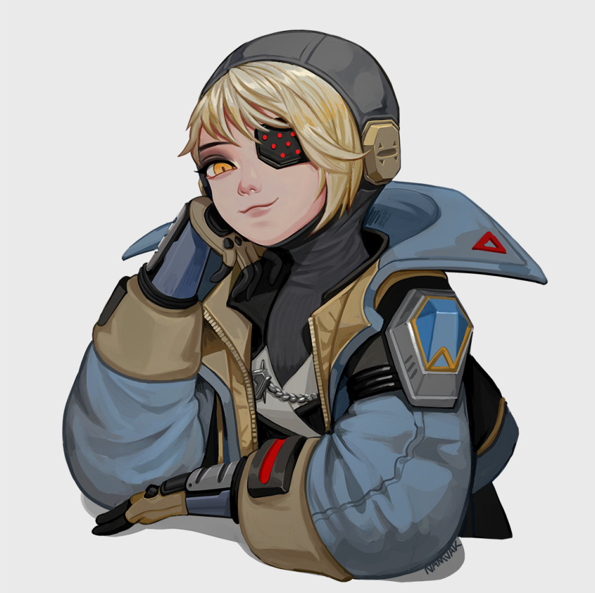 1girl, :3, apex_legends, bangs, black_bodysuit, black_eyepatch, black_headwear, blonde_hair, blue_jacket, bodysuit, brown_gloves, deep_current_wattson, eyepatch, gloves, jacket, looking_at_viewer, namjak, official_alternate_costume, orange_eyes, smile, solo, upper_body, wattson_(apex_legends), white_background