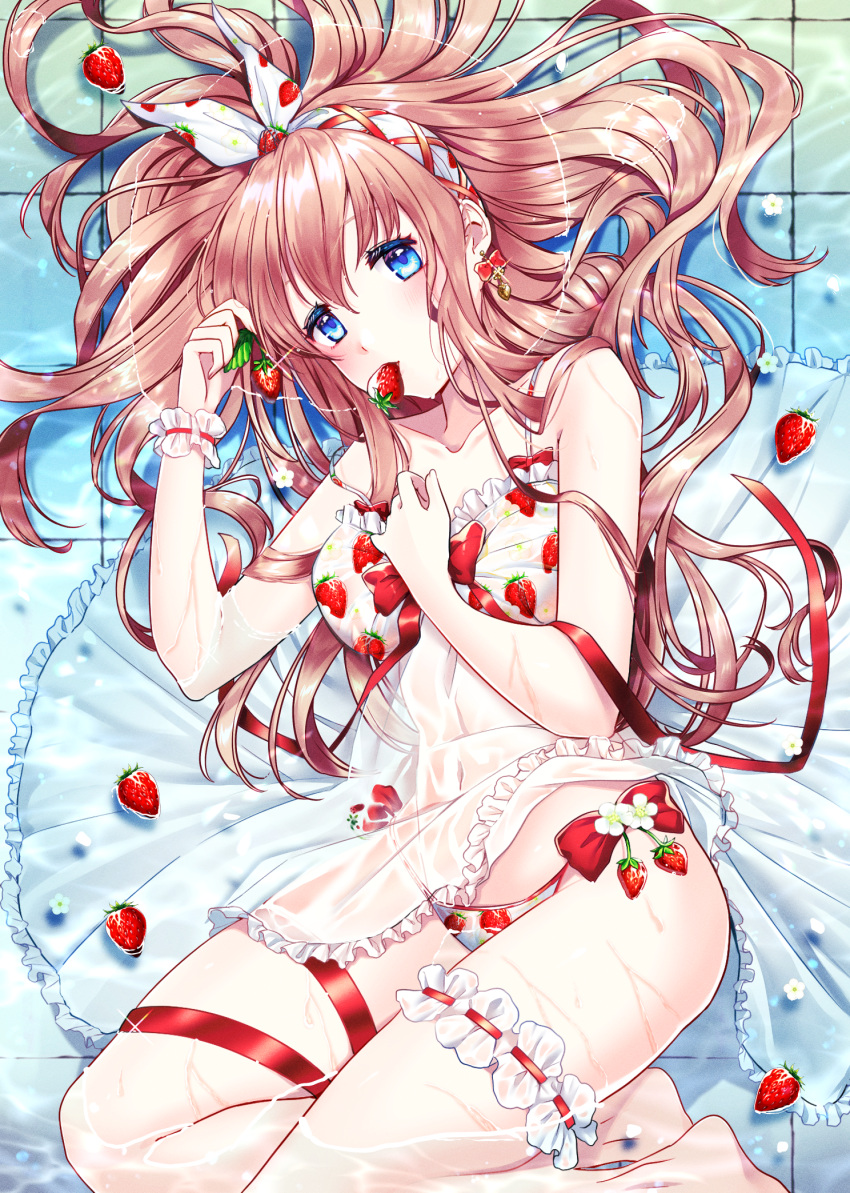 1girl, arm_between_breasts, bangs, bare_shoulders, barefoot, between_breasts, blue_eyes, bow