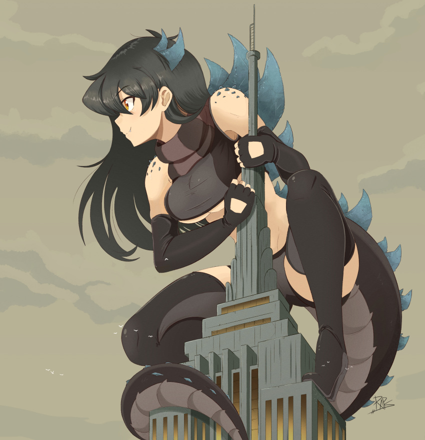 1girl, absurdres, bad_id, bad_twitter_id, bangs, black_bra, black_footwear, black_gloves, black_hair, black_legwear, black_panties, boots, bra, breasts, building, closed_mouth, commentary, crop_top, elbow_gloves, empire_state_building, english_commentary, eyebrows_visible_through_hair, fang, fang_out, full_body, giant, giantess, gloves, godzilla_(series), godzilla_the_series, high_heel_boots, high_heels, highres, large_breasts, long_hair, looking_away, monster_girl, orange_eyes, panties, personification, raps_(yohomeboyraps), revision, skyscraper, smile, solo, tail, thigh-highs, thigh_boots, underwear, zilla_jr.