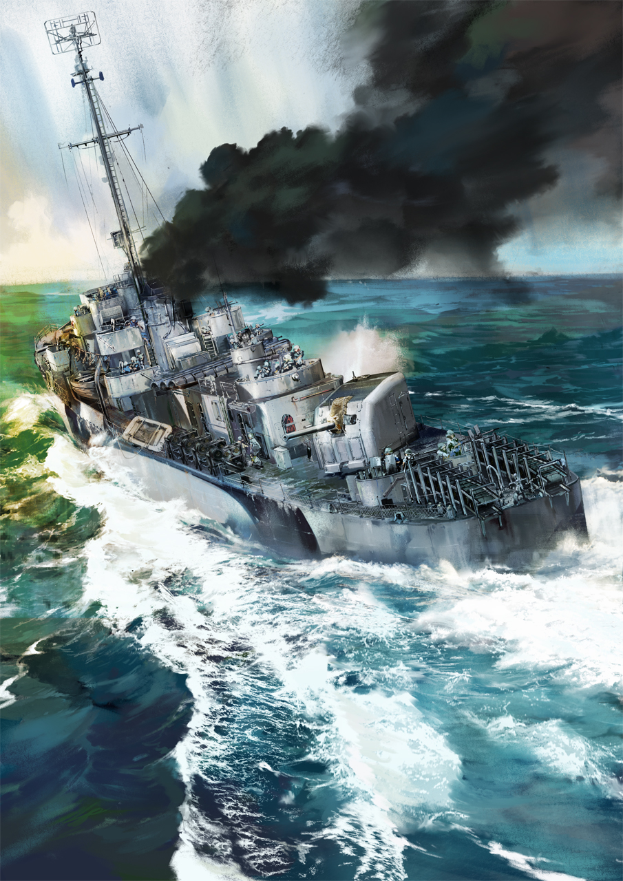 anchor, antenna_mast, cannon, depth_charge, destroyer, fire, highres, historical_event