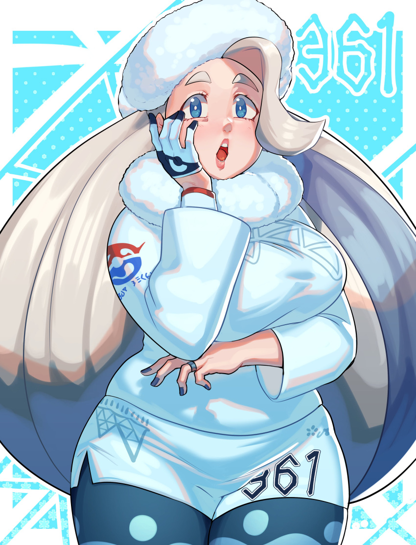 1girl, absurdres, barley_juice, blue_eyes, breasts, fur_hat, gloves, hat, highres, large_breasts, legwear_under_shorts, long_hair, looking_at_viewer, mature_female, melony_(pokemon), multicolored_hair, open_mouth, pantyhose, plump, pokemon, pokemon_(game), pokemon_swsh, shorts, single_glove, solo, streaked_hair, white_headwear