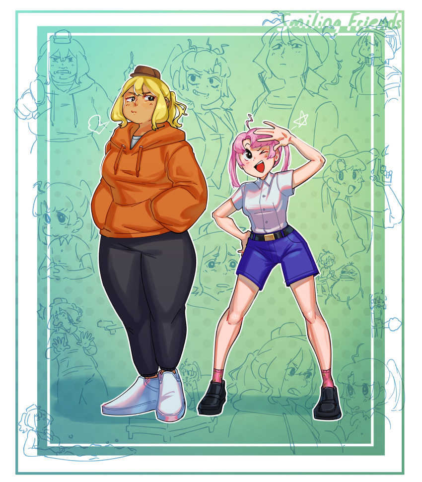 2girls, absurdres, ahoge, barley_juice, black_pants, blonde_hair, blue_shorts, charlie_(smiling_friends)