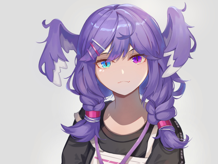 1girl, bangs, blue_eyes, blush, braid, english_commentary, eyebrows_visible_through_hair, fang