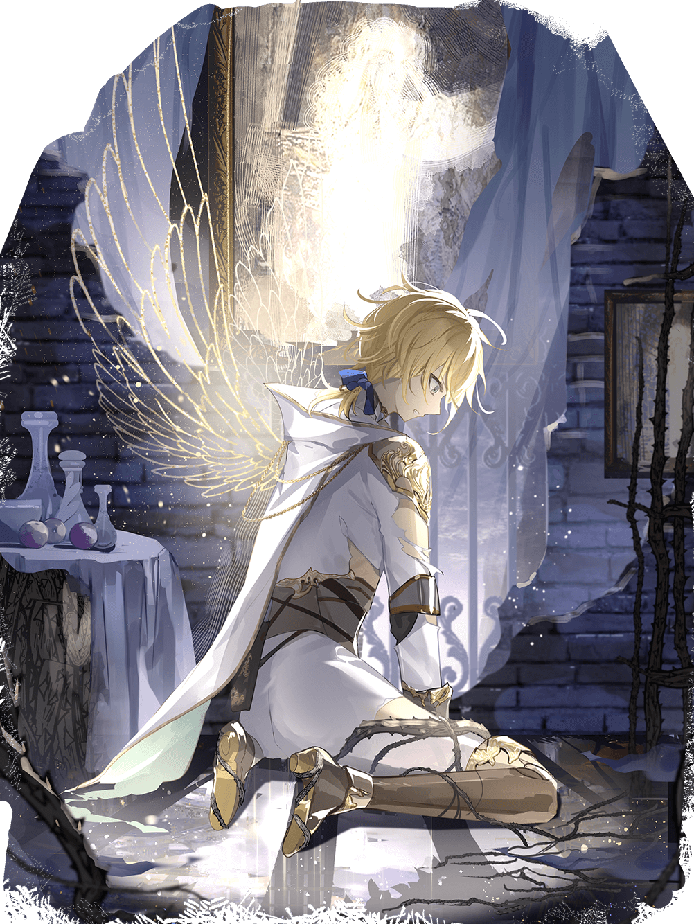 1boy, angel, angel_wings, blonde_hair, bow, food_fantasy, formal, full_body