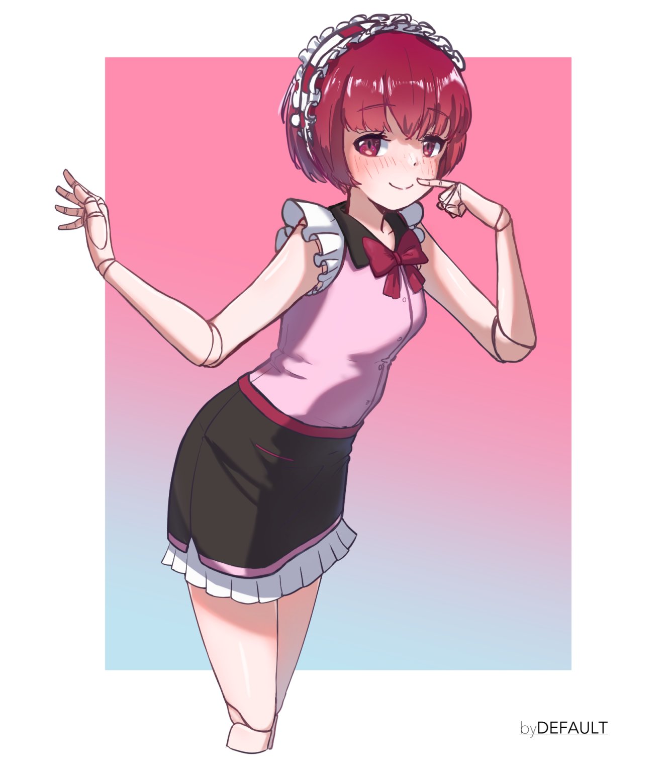 1girl, artbydefault, artist_name, black_skirt, blush, bow, doll_joints, dorothy_haze
