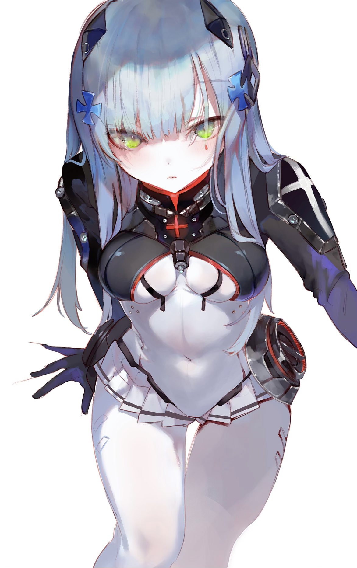 1-gou_(111touban), 1girl, blue_hair, bodysuit, breasts, covered_navel, cross_hair_ornament, expressionless