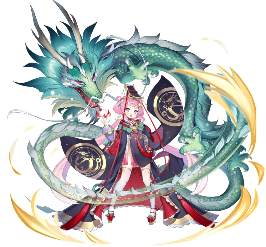 1girl, :o, absurdly_long_hair, ark_order, black_headwear, black_kimono, bow, dragon