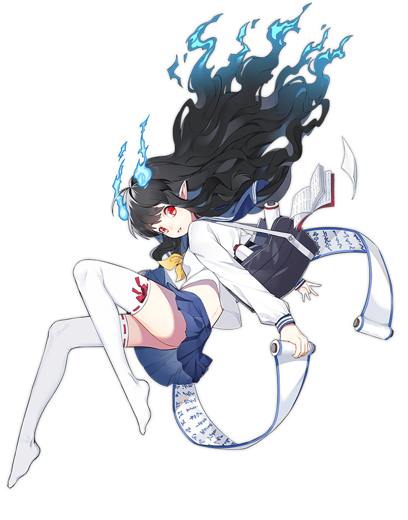 1girl, ahoge, ark_order, bag, bangs, black_hair, blue_fire, blue_sailor_collar