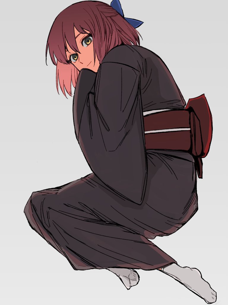 1girl, bangs, black_kimono, blue_bow, bow, closed_mouth, commentary, grey_background