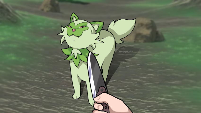 1other, absurdres, at_knifepoint, cat, english_commentary, fangs, grass, highres