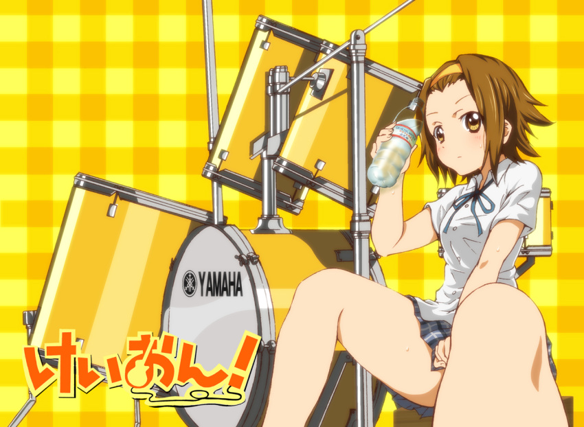 brown_eyes, brown_hair, drum, drum_set, hairband, instrument, k-on!, skirt
