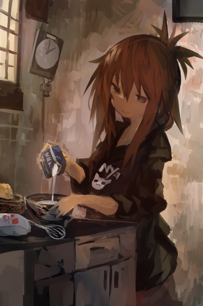 1girl, absurdres, alternate_costume, black_shirt, bowl, brown_eyes, brown_hair, clock