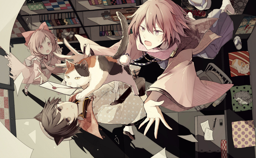 1girl, 2boys, absurdres, animal_ears, bonito_rice_(food_fantasy), brown_eyes, brown_hair, cat, cat_boy, cat_ears, food_fantasy, highres, multiple_boys, official_art, pale_skin, pink_eyes, pink_hair, raindrop_cake_(food_fantasy), sakuramochi_(food_fantasy)