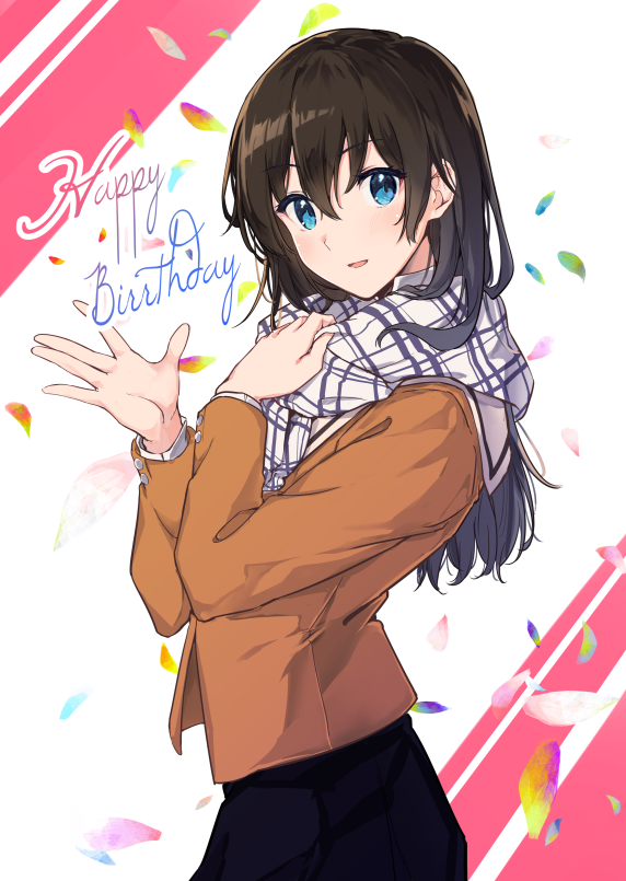 1girl, adjusting_scarf, black_hair, blue_eyes, commentary_request, from_side, gradient_text, happy_birthday, looking_at_viewer, looking_to_the_side, miyazakit, multicolored_text, nanami_touko, open_mouth, plaid, plaid_scarf, scarf, school_uniform, smile, solo, waving, yagate_kimi_ni_naru