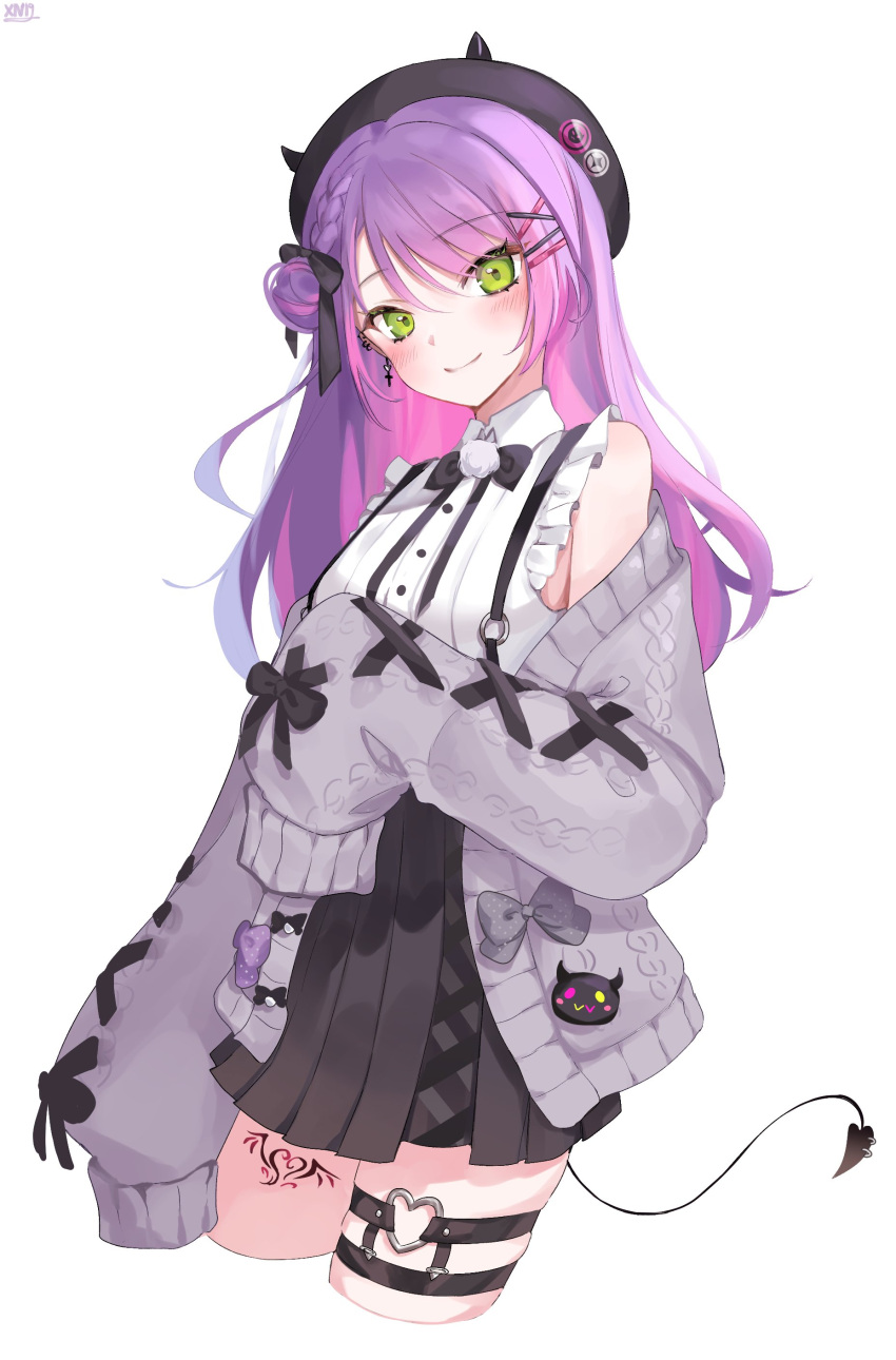 1girl, absurdres, beret, bibi_(tokoyami_towa), black_bow, black_headwear, black_skirt, bow