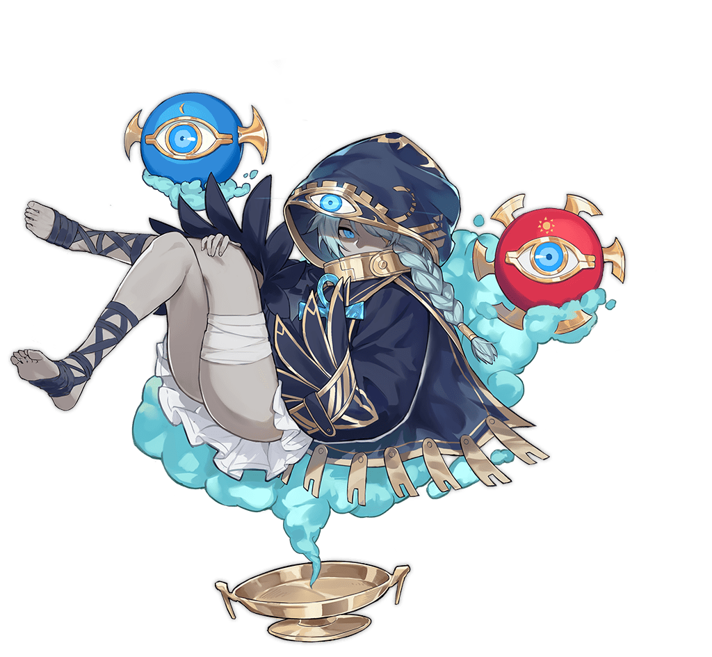 1girl, ankh, ark_order, bandaged_leg, bandages, bangs, black_coat, black_ribbon, blue_eyes, blue_hair, braid, clouds, coat, colored_skin, eye_print, full_body, gold_trim, grey_skin, holding, hooded_coat, horus_(ark_order), k_suke_(weibo), leg_ribbon, looking_at_viewer, lying, official_art, on_back, ribbon, sidelocks, single_braid, sleeves_past_fingers, sleeves_past_wrists, solo, tachi-e, third_eye, transparent_background
