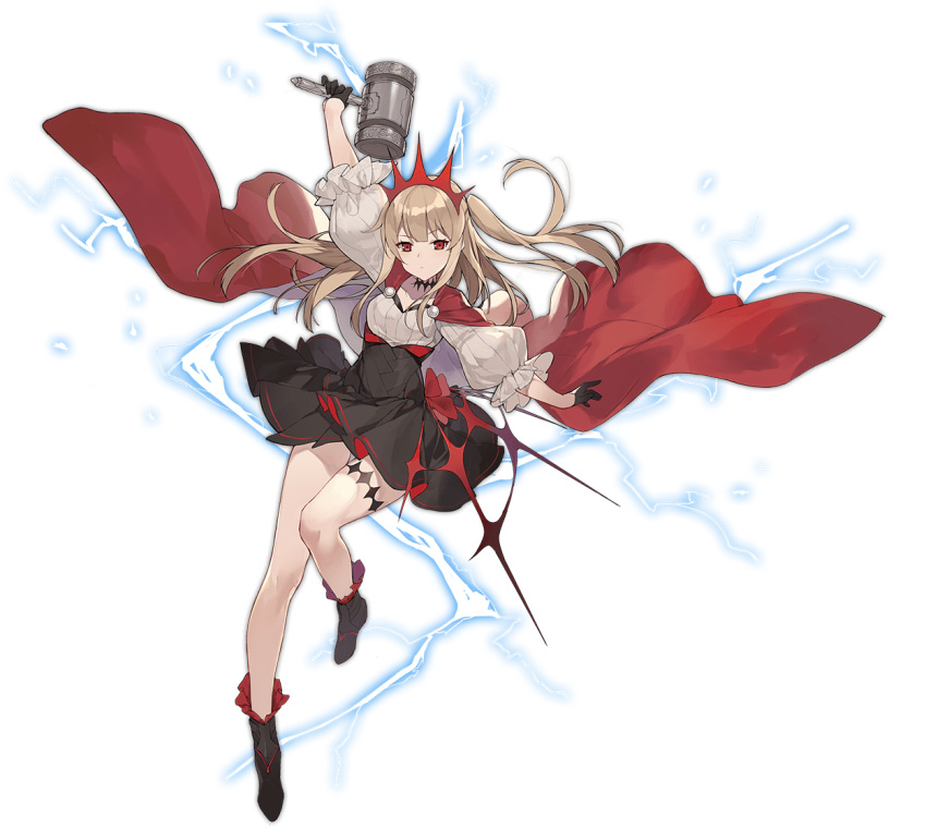 1girl, ark_order, black_footwear, black_gloves, black_skirt, blonde_hair, boots, cape