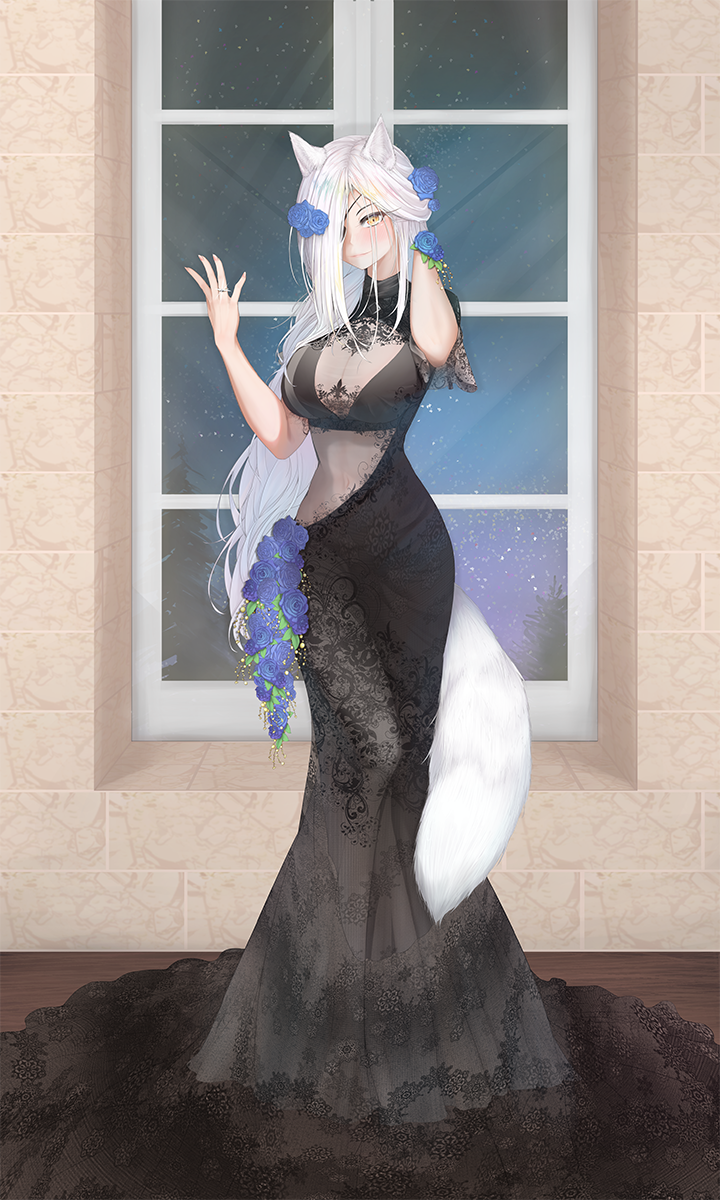 1girl, alchemist_(girls'_frontline), alternate_costume, animal_ear_fluff, animal_ears, arm_behind_head, arm_up, bangs