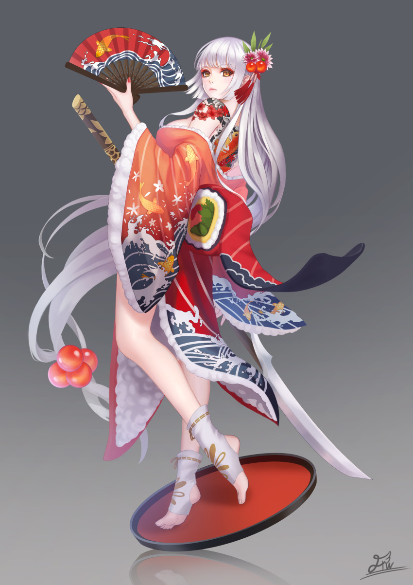 1girl, absurdres, fintowing, food_fantasy, full_body, hair_ornament, hand_fan, highres