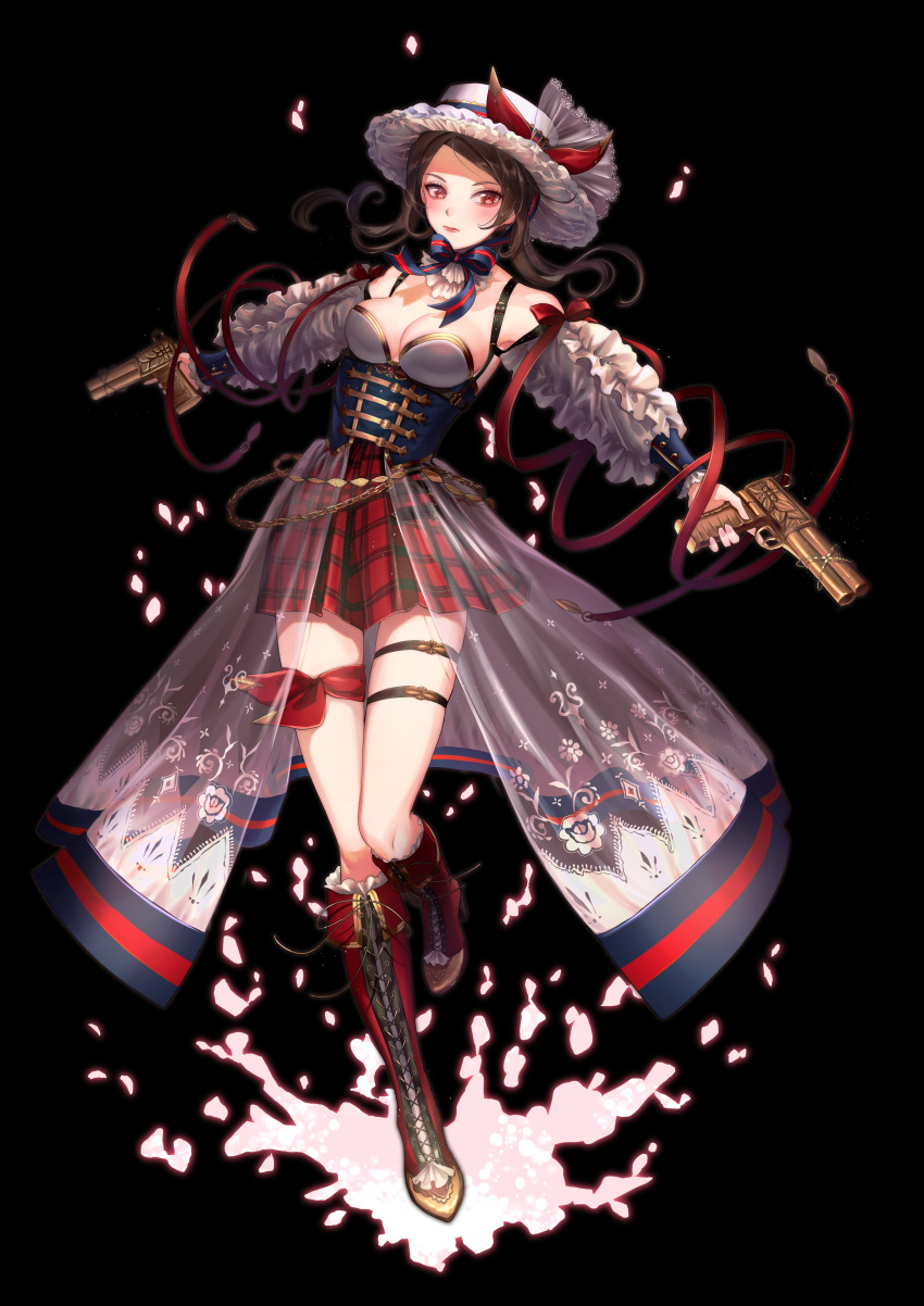 1girl, absurdres, black_background, black_tea_(food_fantasy), boots, bow, brown_hair, dress