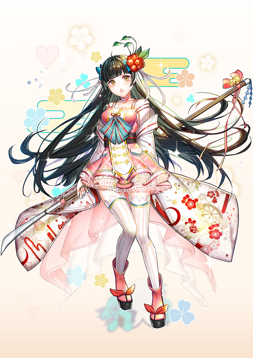1girl, black_hair, blush, dress, flower, food_fantasy, hair_flower, hair_ornament, highres, japanese_clothes, k2h, long_hair, looking_at_viewer, pale_skin, shoes, solo, sushi_(food_fantasy), thigh-highs, yellow_eyes