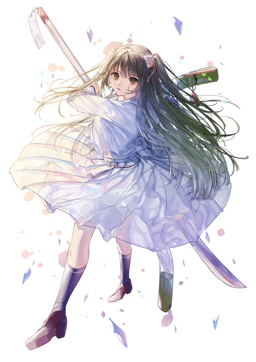 1girl, absurdres, black_hair, bow, dress, food_fantasy, green_eyes, hair_bow